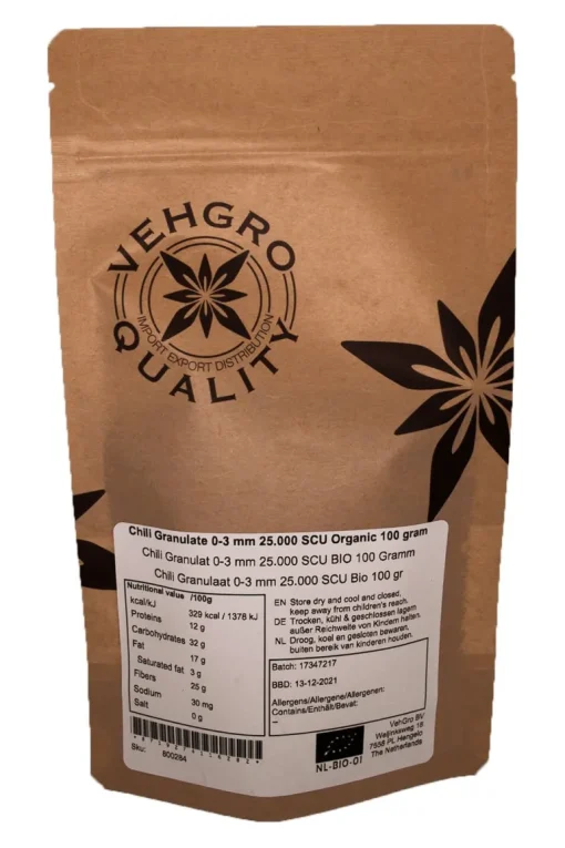 Chili Granulaat 0-3 mm Medium 25.000 SHU kiemarm Biologisch