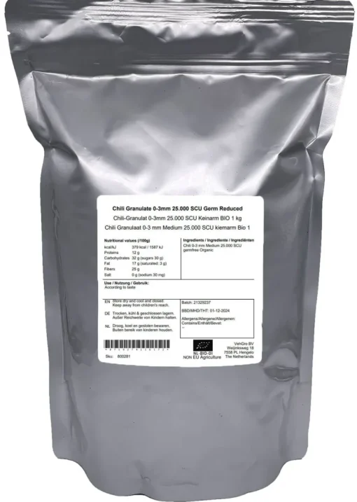 Chili Granulaat 0-3 mm Medium 25.000 SHU kiemarm Biologisch