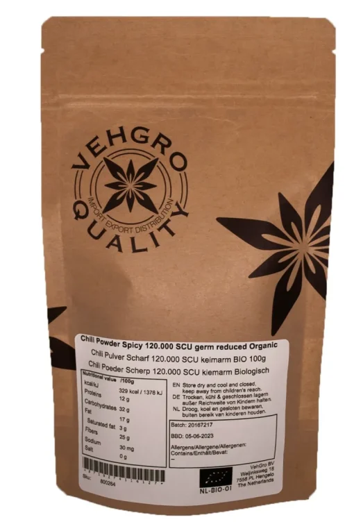 Chili Poeder Scherp 120.000 SHU kiemarm Biologisch